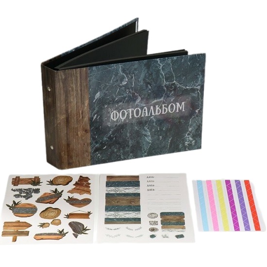 Фотоальбом 25 листов (наклейки+кольца) "Текстура дерево и камень" 19х27х3 см   9544530
