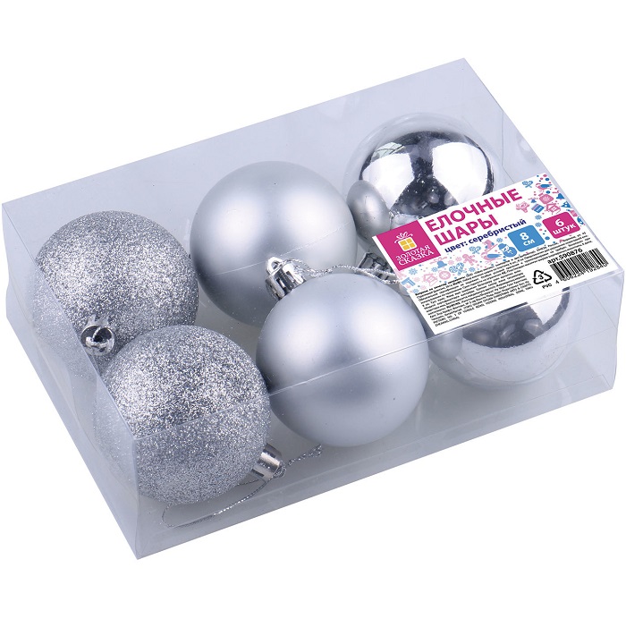 Шары ЗОЛОТАЯ СКАЗКА, 6шт, 8см, "Trio", пластик, СЕРЕБРИСТЫЕ(глянец, матовый, глиттер) 590876