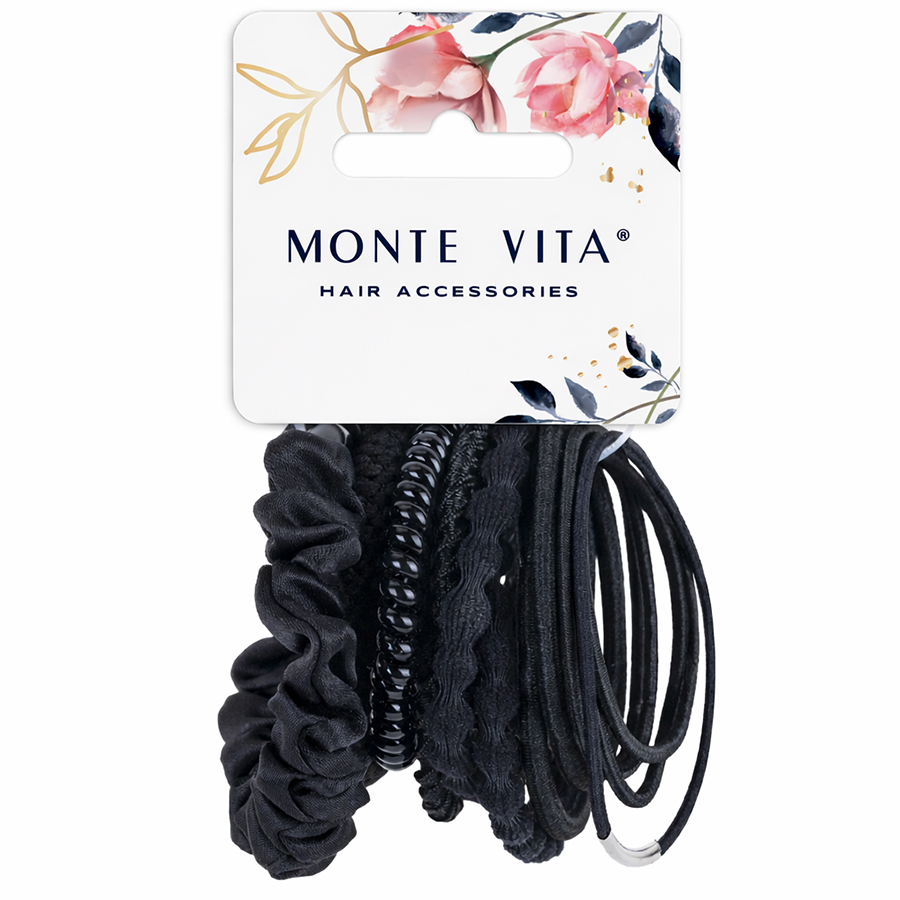Резинки для волос НАБОР 14 шт, 8 видов форм, чёрный,MONTE VITA 457044