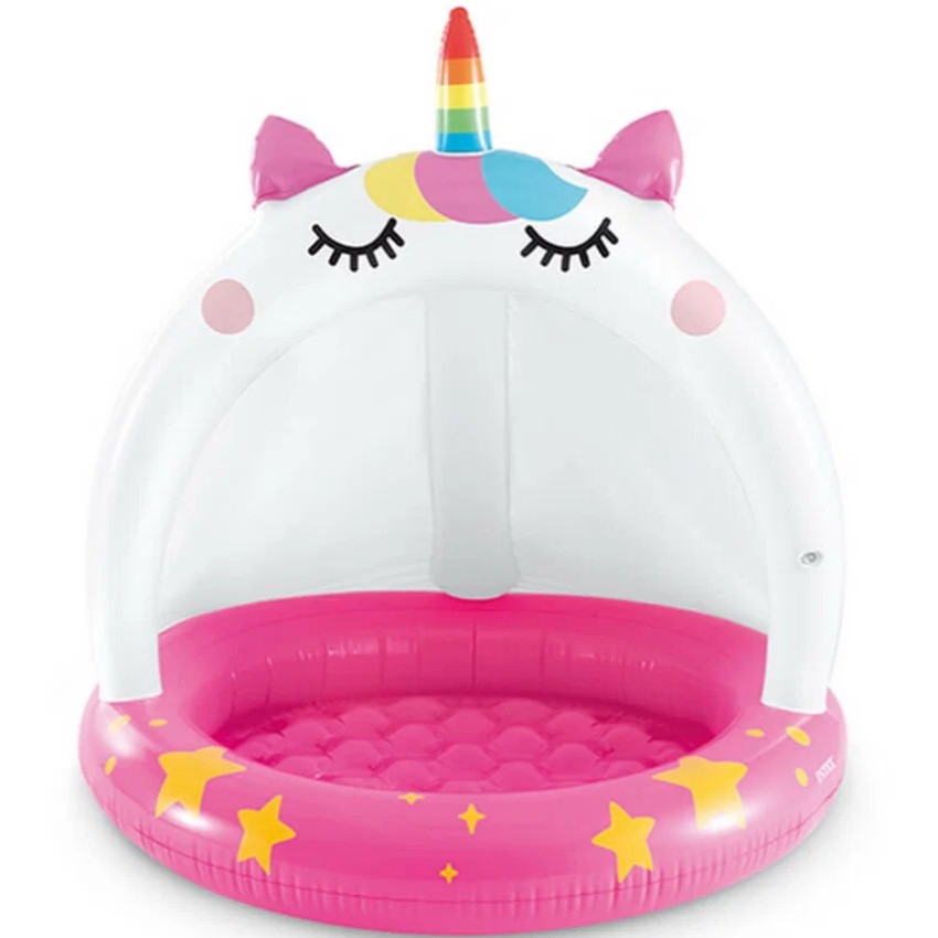 Бассейн надувной детский 102х102см INTEX "Котенок-единорожка" с навесом, 45л, от 1 до 3 лет (58435)