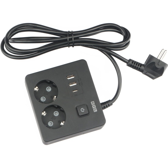 Сетевой удлинитель 1.9м POWER CUBE PC-1B-2M, черный, 2 розетки, 3USB, с/з, с вык.16А