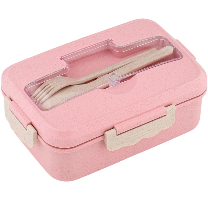 Ланч-бокс в школу TAKE IT EASY, 800 мл, с приборами, 12×7.6×20 см, пшеничная солома, розовый