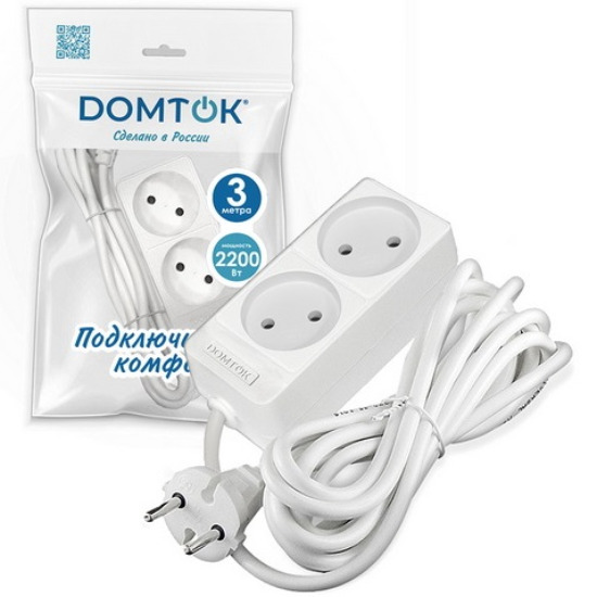 Сетевой удлинитель  3.0м DOMTOK 4гн.,ПВС 2*1  2,2кВт б/з