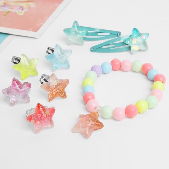 Набор "Выбражулька" 6 предметов: 2 заколки, браслет, 5 колец, звёзды, цвет МИКС   9862517