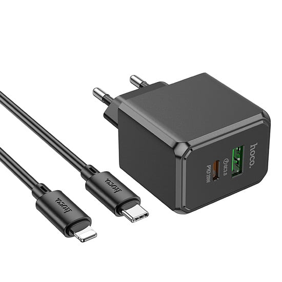 Сетевое ЗУ 1USB/1Type-C HOCO CS14A, Ocean, черный, кабель Type-C-Lightning, 20Вт