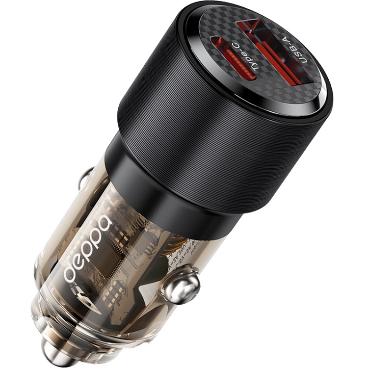 Авто ЗУ 1USB/1 Type-C DEPPA Crystal, прозрачный, черный, 95W, PD, QC 3.0 (11217)