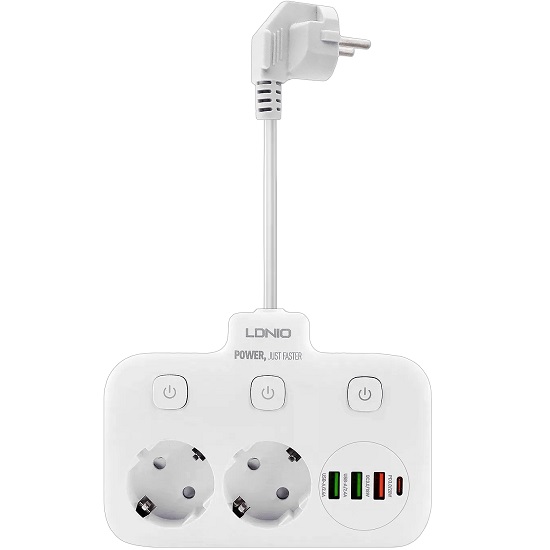 Сетевой фильтр LDNIO SC2435, 2 розетки + 3 USB 2500W