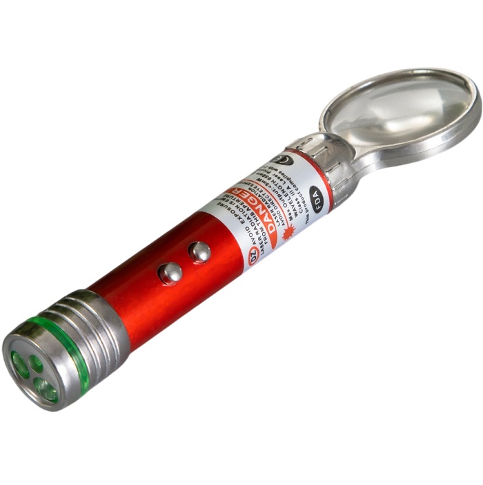 Лазерная указка с лупой 2.5 см «Красная», 3 режима:мигает, светит, лазер, LR44×3 шт., 1.5×2.8×10 см
