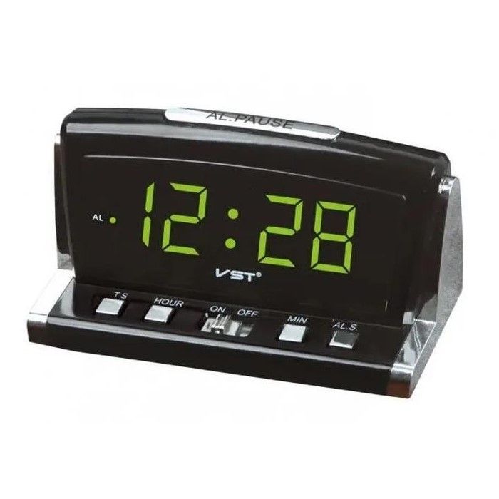 Часы настольные VST 718-4 чёрный, с ярко-зелёной подсветкой (будильник, питание от сети)