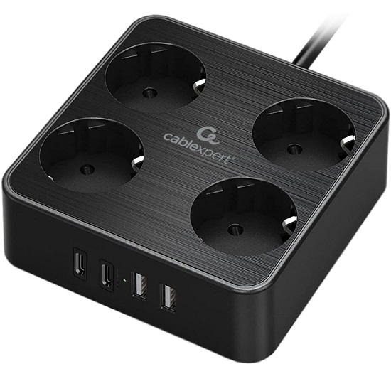 Сетевой фильтр  2.0м CABLEXPERT Plate, PLT-4-C2U2-B-2, черный, 4 розетки, 10А, 2Type-C PD, 20Вт, 2USB, 2.4A, 2м, ур.защиты 4+, коробка