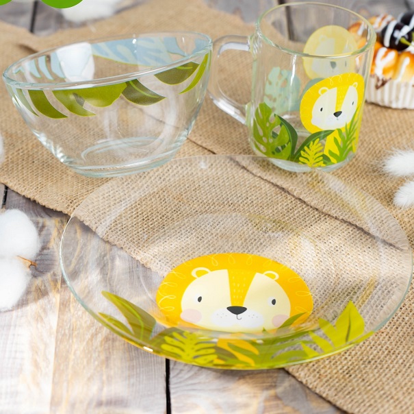 Набор детской посуды Доляна «Львёнок», 3 предмета: миска 450 мл, тарелка d=20 см, кружка 200 мл, стекло, прозрачный, жёлтый