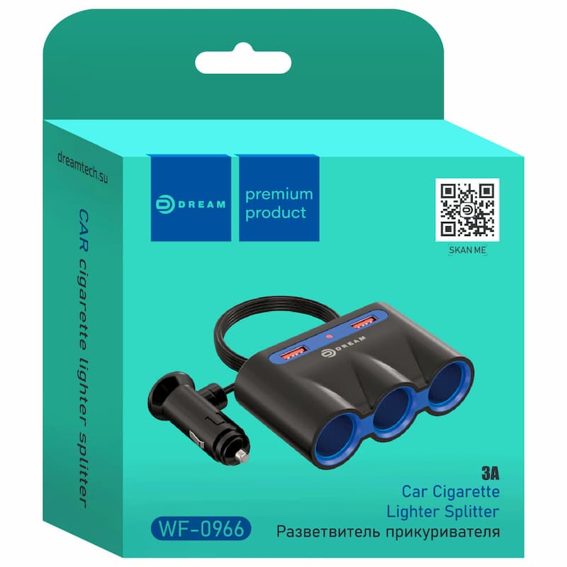 Разветвитель прикуривателя DREAM WF-0966 2USB 3 АЗУ 3А черный
