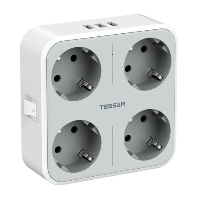 Сетевой разветвитель 4гн. TESSAN TS-302-DE, 3USB, Grey