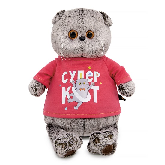Мягкая игрушка Басик в лонгсливе с принтом "Супер кот" , 25 см (Ks25-284)