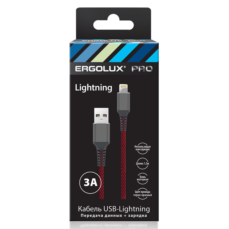 Кабель USB <--> Lightning  1.5м ERGOLUX ELX-CDC09-C43 черный-красный