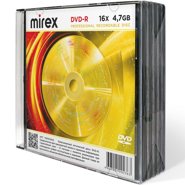 Диск DVD-R MIREX 16X 4,7GB Slim case 5 (5/200)