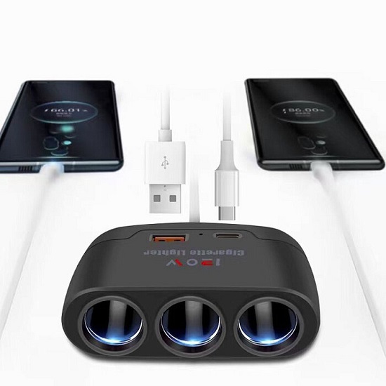 Разветвитель прикуривателя WALKER WSC-21, (3 выхода+1USB/1Type-C), 80Вт