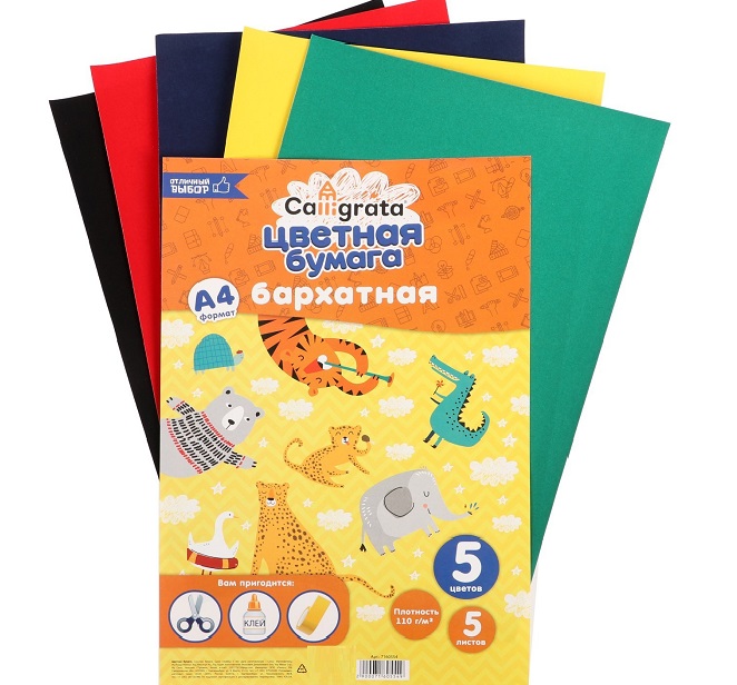Набор бумаги бархатной А4, 5 листов, 5 цветов, плотность 110г/м2