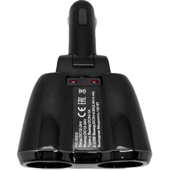 Разветвитель прикуривателя EPLUTUS FC-223 (2выхода USB +Tyre-C) (4800mAh) чёрный