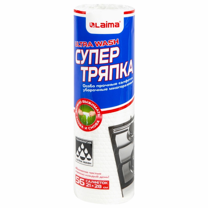 Салфетки уборочные многоразовые особо прочные LAIMA ULTRA WASH СУПЕР ТРЯПКА, 56шт, 21х28см, 607996