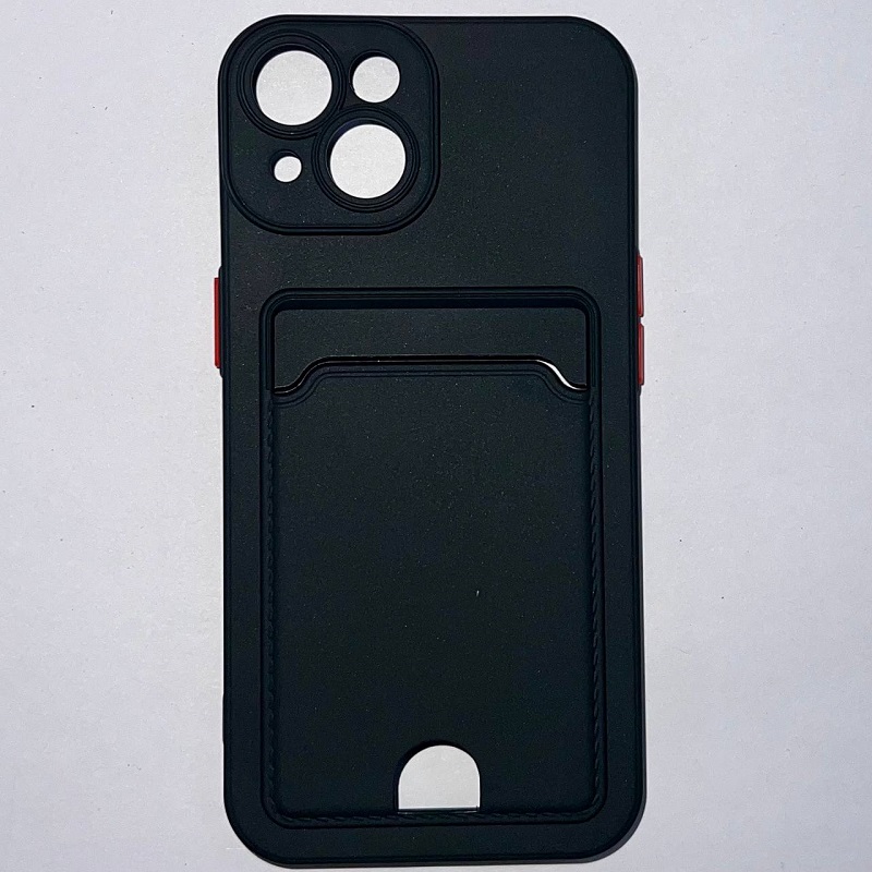 Силиконовый чехол BUTTON для iPhone 14 (Черный) с карманом для пластиковых карт
