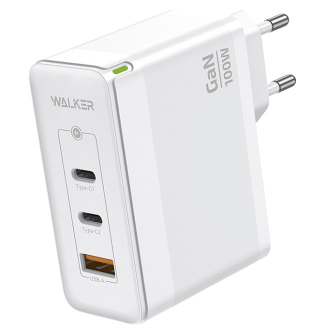 Сетевое ЗУ 1USB/2Type-C WALKER WH-47 GaN, белое, 100Вт, QC 3.0+PD