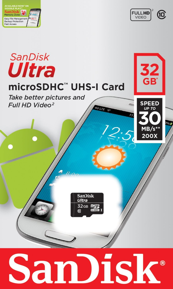 Micro SD 32Gb SanDisk Ultra Class10 30MB/s RUS без адаптера