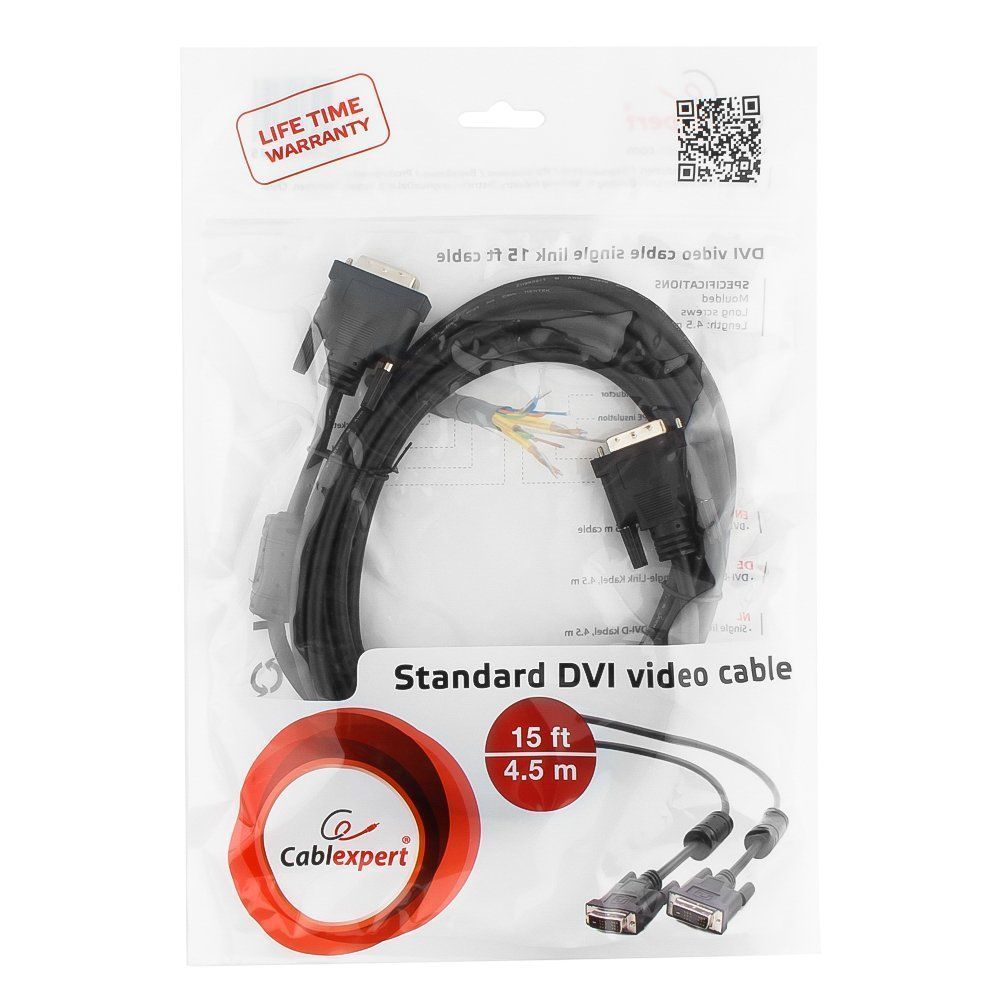 Кабель DVI-D <--> DVI-D  4.5м Gembird/Cablexpert CC-DVI-BK-15 черный, экран, феррит.кольца, пакет