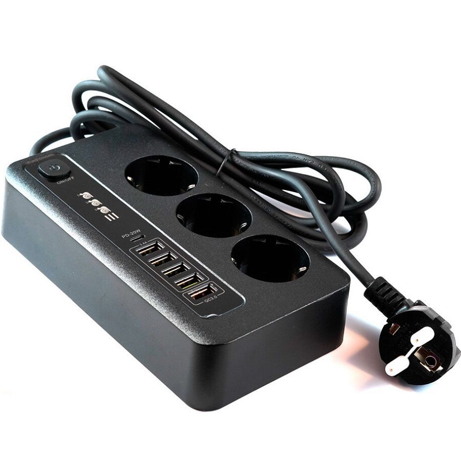 Сетевой удлинитель  2.0м Power Socket BKL-04, серый, 3 розетки, Type-C, 1 USB QC3.0, 4 USB, выкл., PD20W