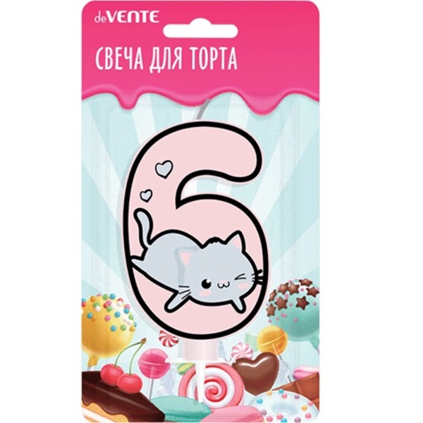 Свеча-цифра для торта "Котик" 6, размер свечки 9,1x6,6x1 см, с рисунком, розовая