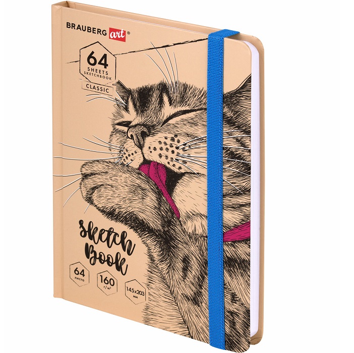 Скетчбук, белая бумага 160г/м 145х203мм, 64л, резинка, твердый, BRAUBERG ART_CL, Это Кот, 114589