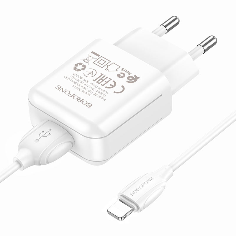 Сетевое ЗУ 1USB 2.1A BOROFONE BA64A, Lightning, белый