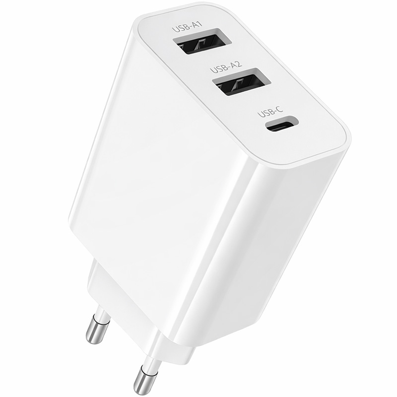 Сетевое ЗУ 2USB/1Type-C 3A BOROFONE BA105A White, 15W