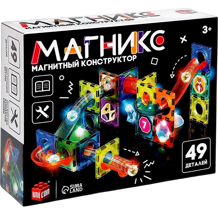 Магнитный конструктор UNICON «Магникс», горка из труб, светящийся, 49 деталей