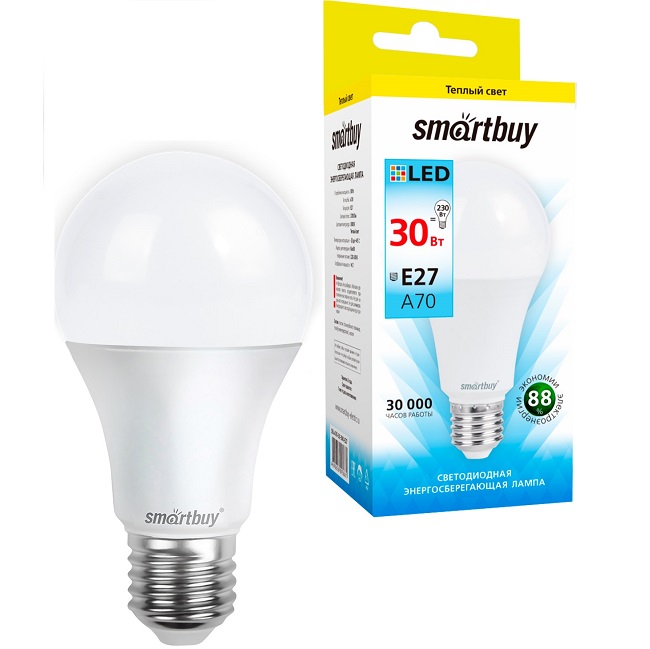 Лампа светодиодная SMARTBUY A70 30W/3000К/E27 (теплый свет)