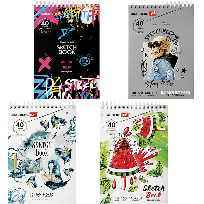 Скетчбук, белая бумага 160г/м2, 140х201мм, 40л,гребень,жёст. подложка, BRAUBERG ART, ассорти, 115071