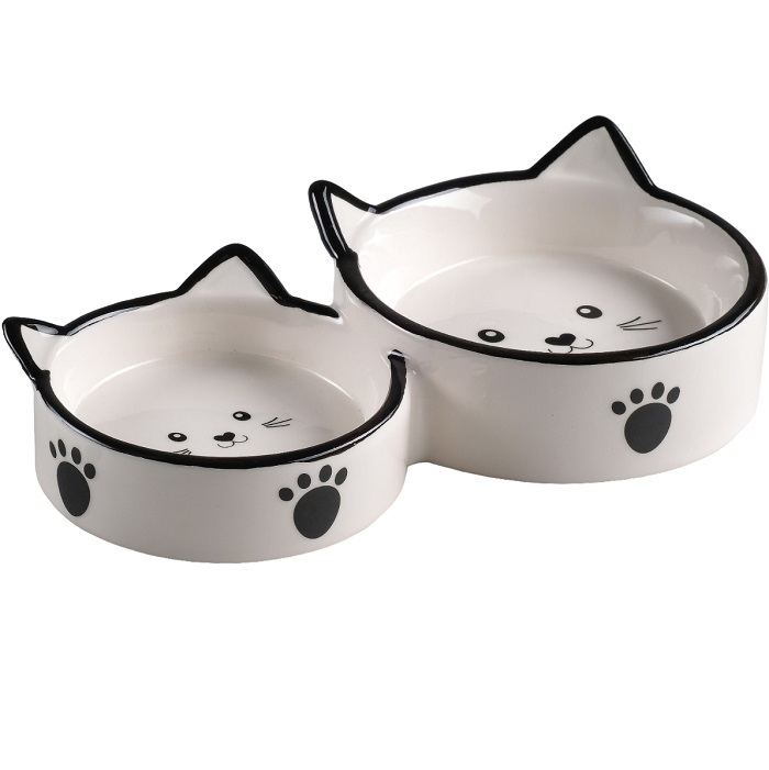 Миска керамическая "Кошачье семейство" 40/60 мл  двойная 19 х 10,5 х 3,5 см, бело-чёрная