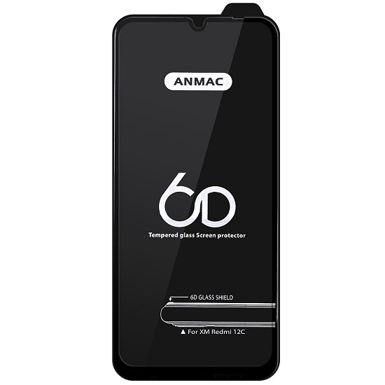 Противоударное стекло 6D ANMAC для Xiaomi Redmi 12C черное, Арт.1137450