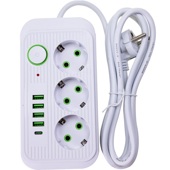 Сетевой фильтр  2.0м TENDENZA TZ-SP002, 3 розетки, 4 USB, 1 Type-C