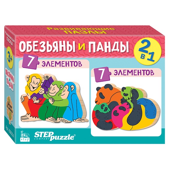 Пазл Step Puzzle 2в1 из дерева "Обезьяны и панды" (IQ step)