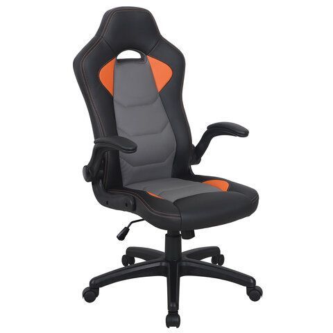 Кресло компьютерное BRABIX Skill GM-005, откидные подлокотники, экокожа, черное/оранжевое