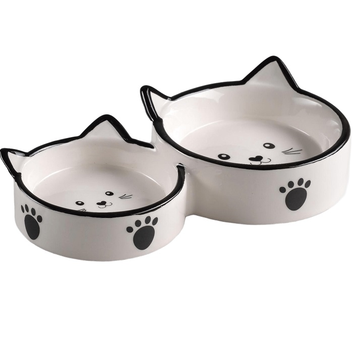 Миска керамическая "Кошачье семейство" 40/60 мл  двойная 19 х 10,5 х 3,5 см, бело-чёрная 2324220