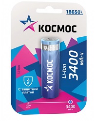 Аккумулятор КОСМОС 18650 3400mAh с защиттой BL-1
