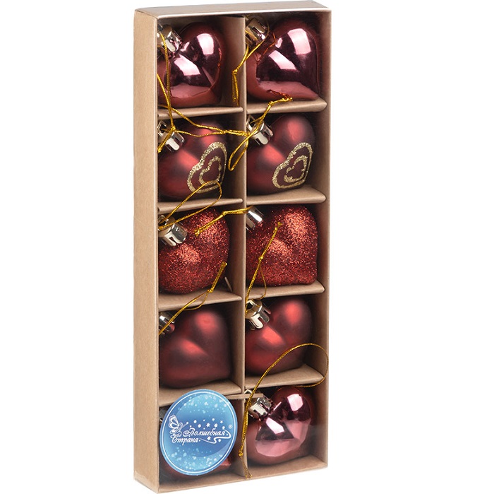 Набор елочных украшений Волшебная страна Сердечки бордовые, 10 шт, размер: 4 см 110446