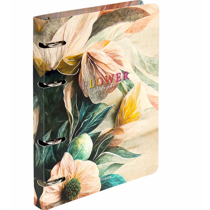 Тетрадь на кольцах А5 160х212мм, 120л, картон, фольга, клетка, BRAUBERG, Delicate flowers, 404737