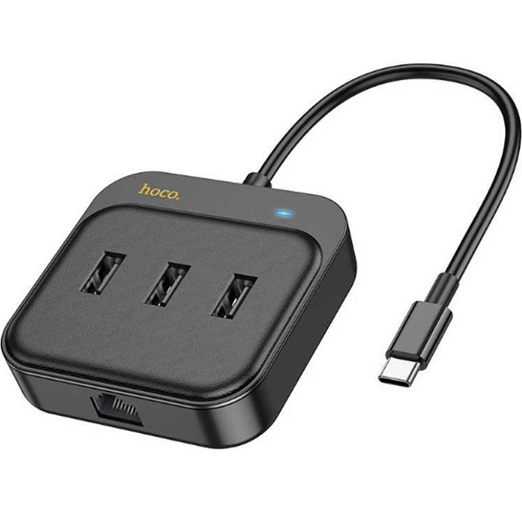USB-Хаб HOCO HB35, Easy, USB to USB3.0*3+RJ45, кабель USB 1.2м, чёрный