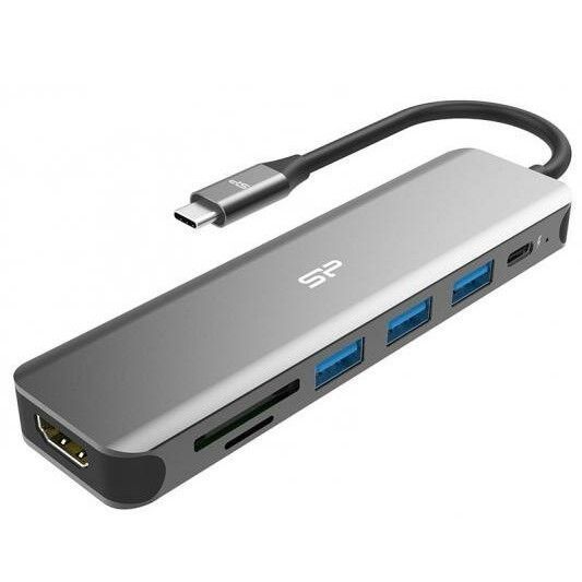 USB-Хаб SILICONE Power Boost SU20  SD/microSD/3XUSB 3.2/TypeC/HDMI, Алюминий
