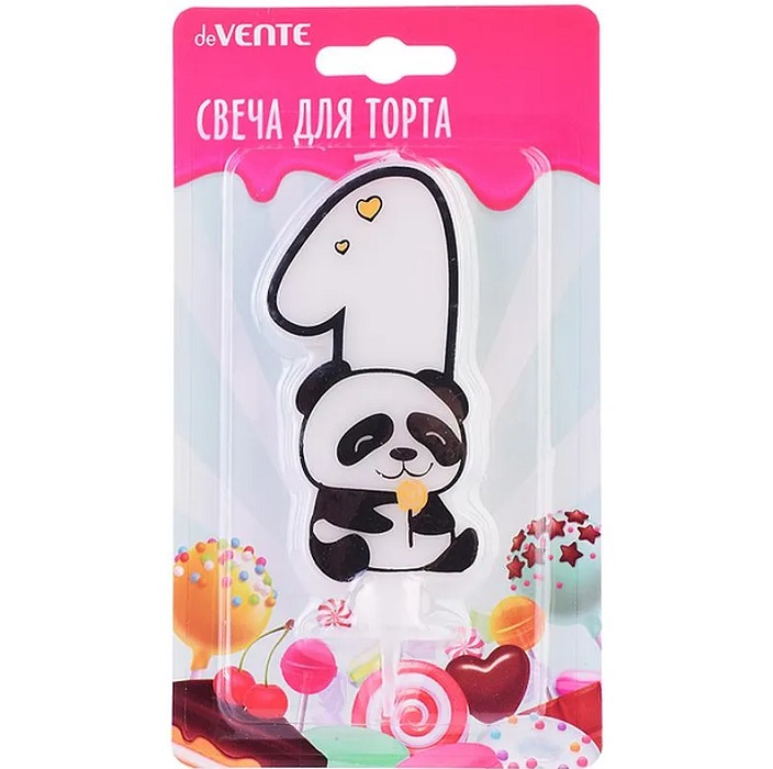 Свеча-цифра для торта "Панда" 1, с рисунком, белая