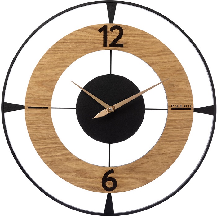 Часы настенные РУБИН "Классика" из металла, d=50 см, открытая стрелка, черный+дерево (5009-001)