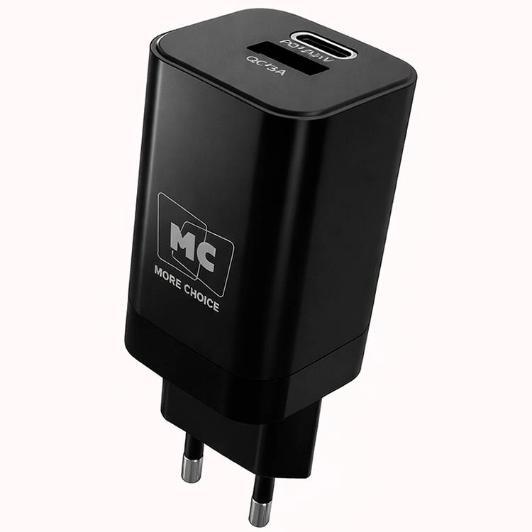Сетевое ЗУ 1USB/1Type-C 3A MORE CHOICE NC85 Black, PD20W+QC3.0